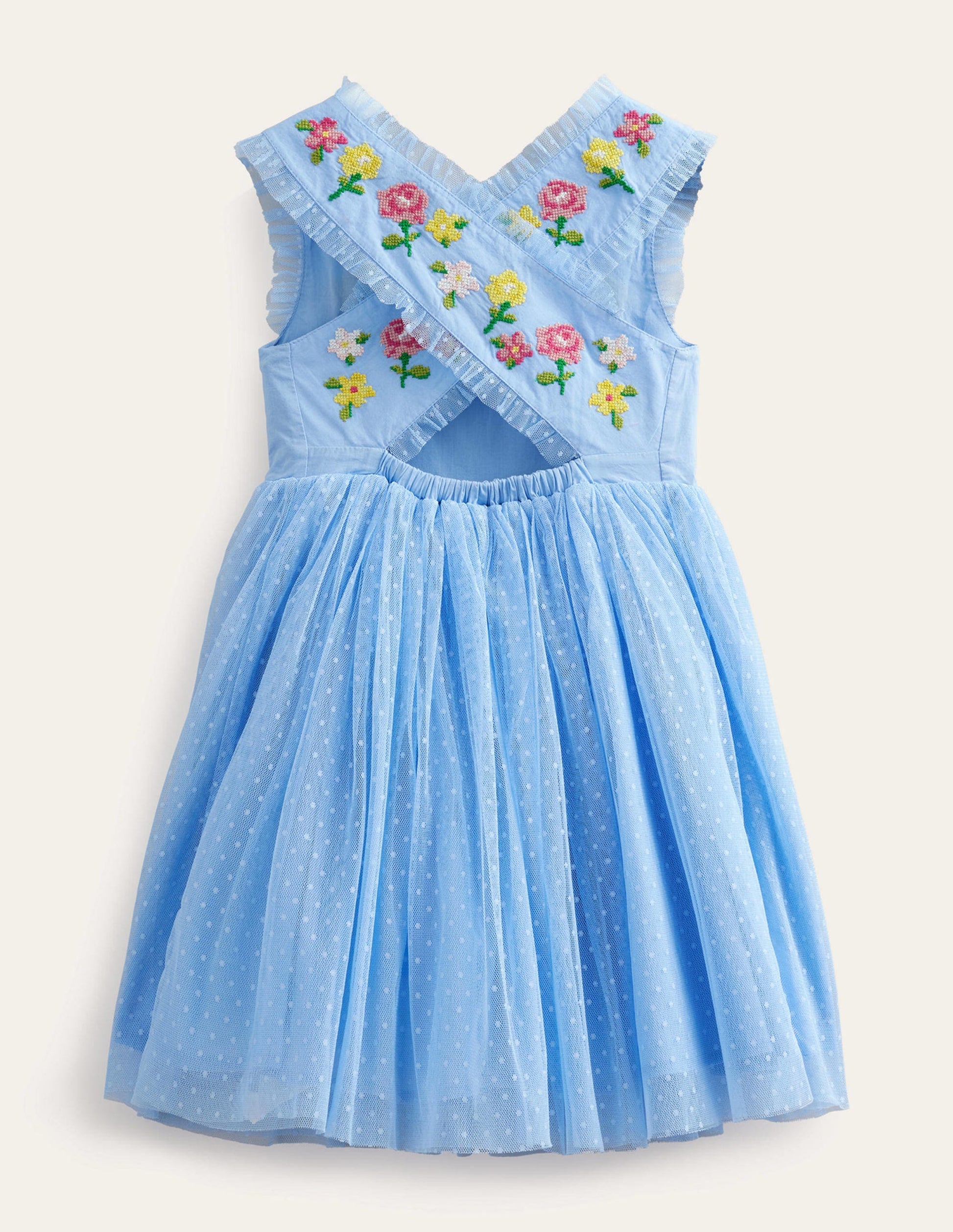 Besticktes Kleid mit überkreuzten Trägern-Hellblau-2