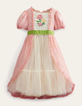 Robe brodée à manches bouffantes-Rose Provence poudré