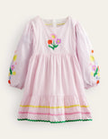Robe rayée et brodée-Rose camée