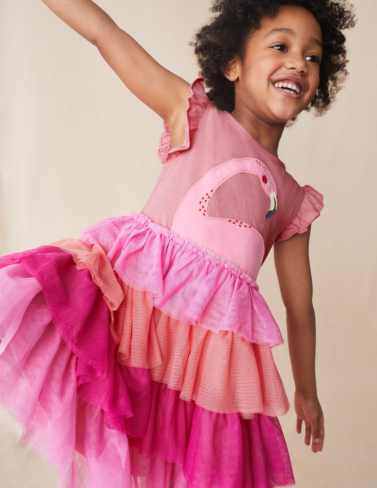 Motivkleid mit Tülllagen-Pfirsich, Flamingo - Image 4