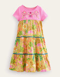 Maxikleid mit Motiv-Stachelbeerengelb, Blumen/Tiere