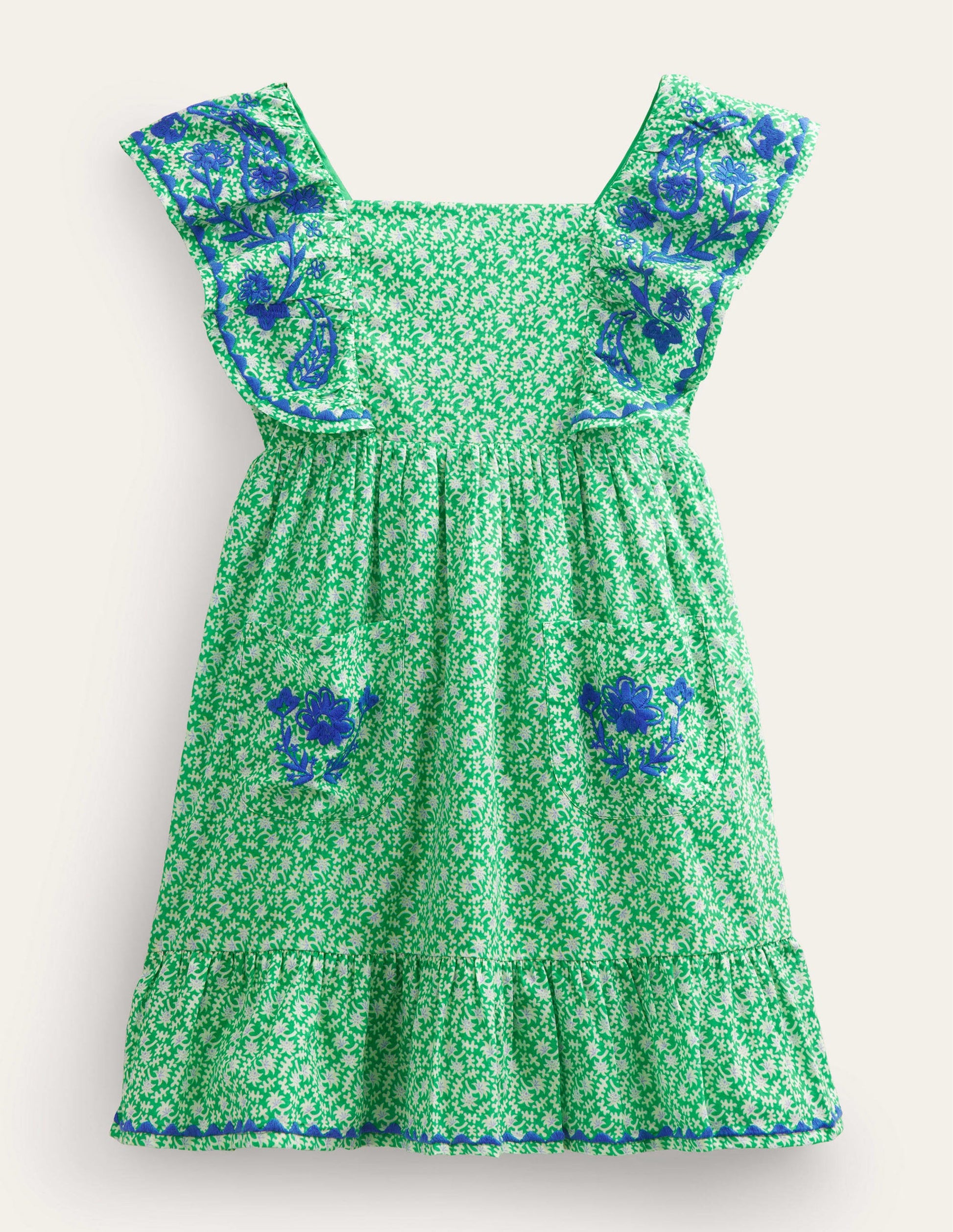 Robe chasuble brodée-Motif printanier vert vif-1