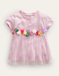 Tüll-T-Shirt mit Flatterapplikation-Französisches Rosa
