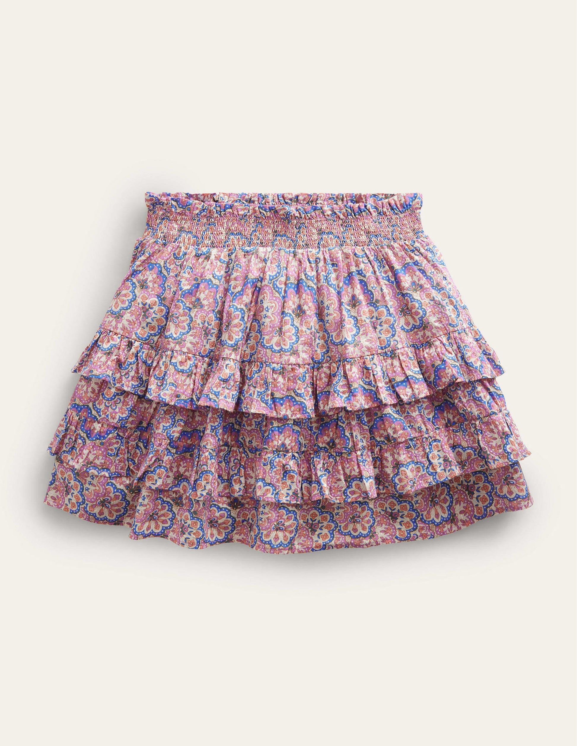 Mini jupe-short à volants-Motif cachemire lupin et pêche-1