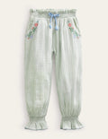Embroidered Balloon Trousers-Green Embroidered Ticking