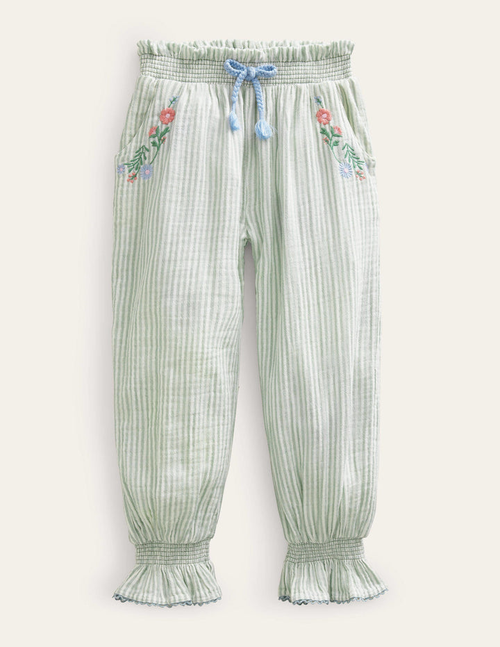 Embroidered Balloon Trousers-Green Embroidered Ticking