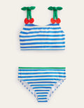 Bikini mit Kirschenträgern-Karibikblau/Naturweiß, Gestreift