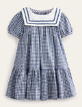 Gewebtes Matrosenkleid-Schuluniform-Marineblau/Naturweiß, Vichykaros