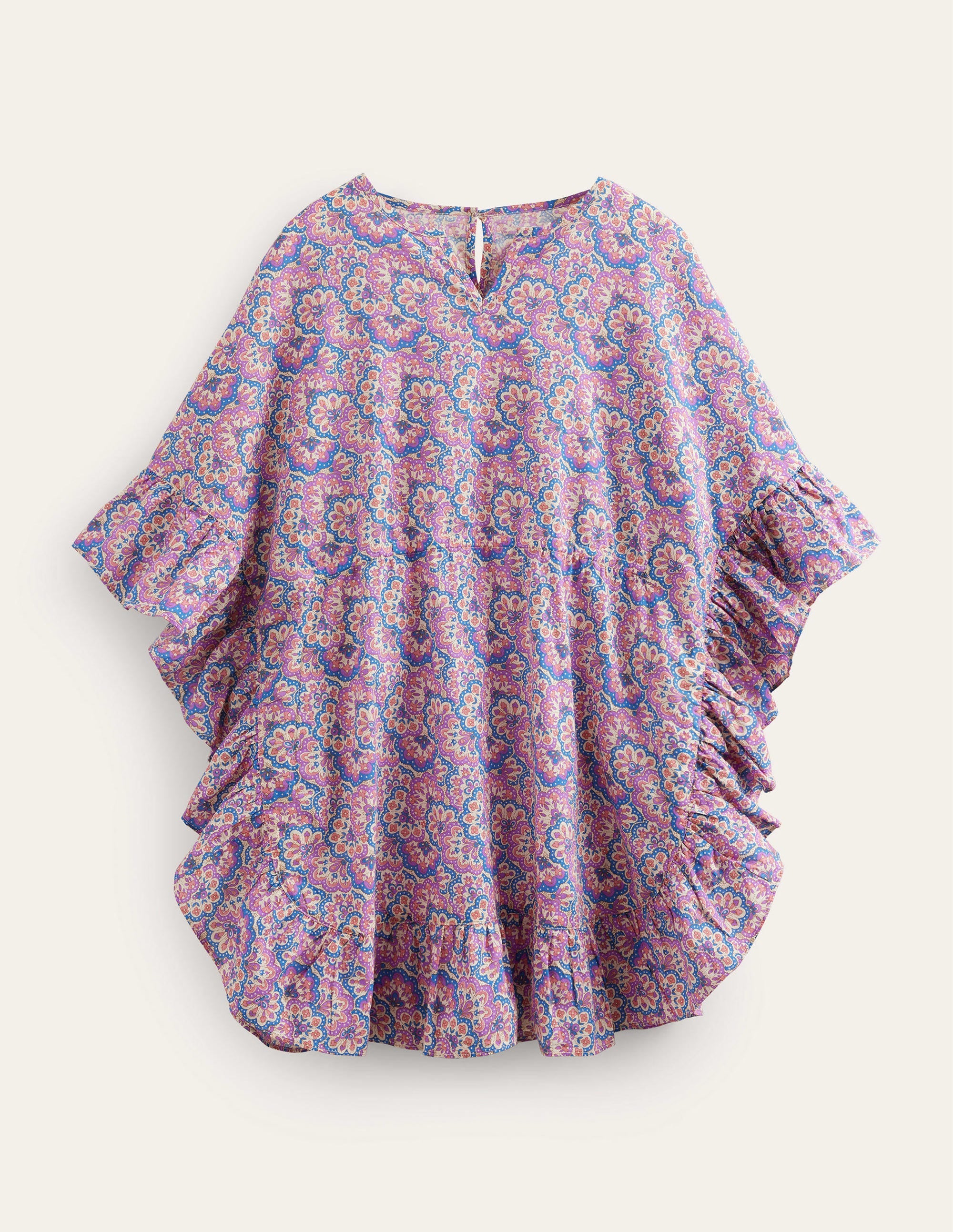 Caftan poncho imprimé-Motif cachemire lupin et pêche - Image 1
