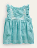 Embroidered Double Cloth Top-Aqua Sea