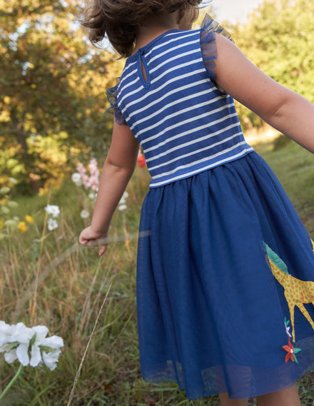 Appliziertes Kleid mit Tüll-Saphirblau/Vanille, Gestreift