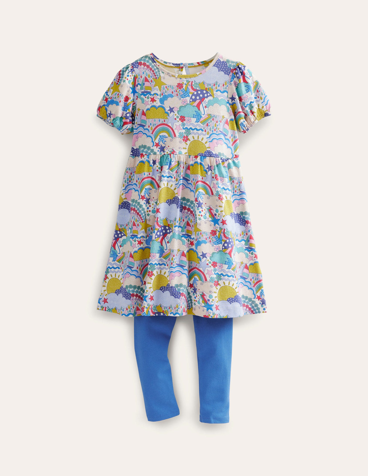Set aus Puffärmelkleid und Leggings-Bunt Wettermotive und Blau - Image 1