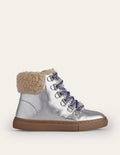 Flauschige Schnürstiefel aus Leder-Silber Metallic