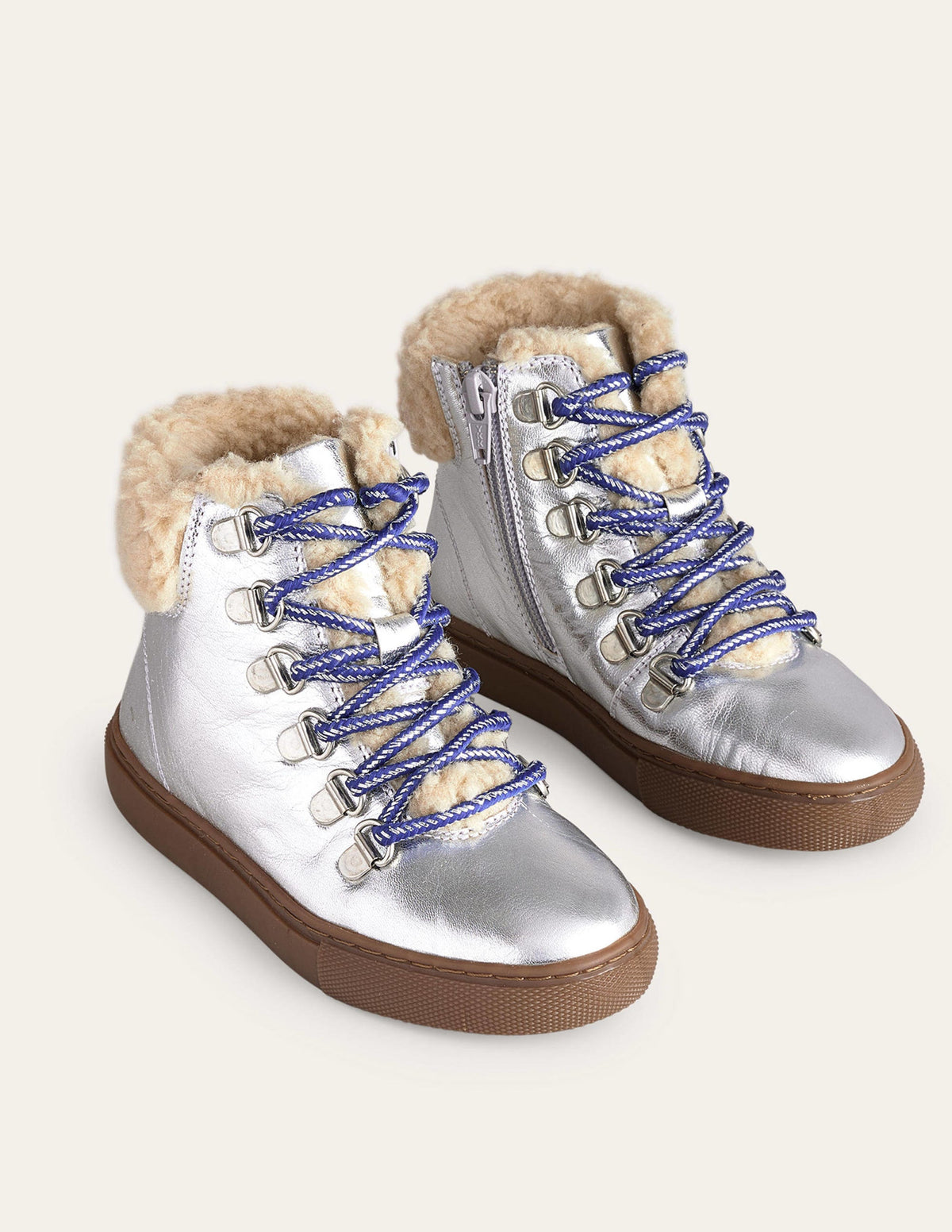 Flauschige Schnürstiefel aus Leder-Silber Metallic-2