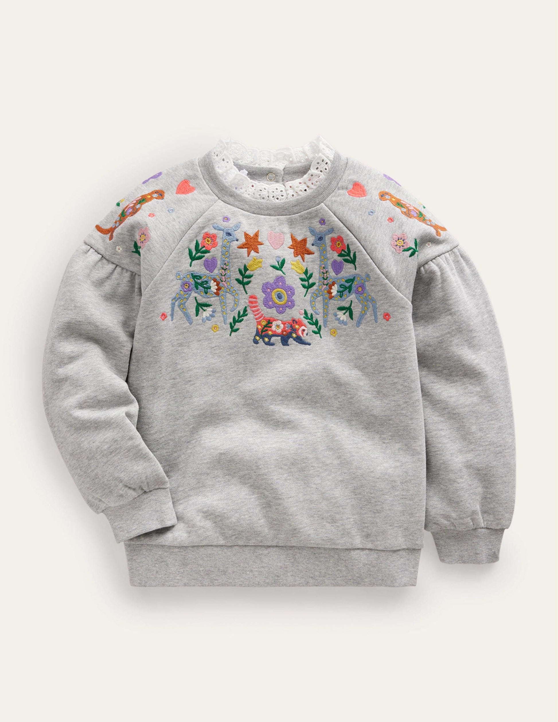 Besticktes Sweatshirt-Grau Meliert Tiere-1