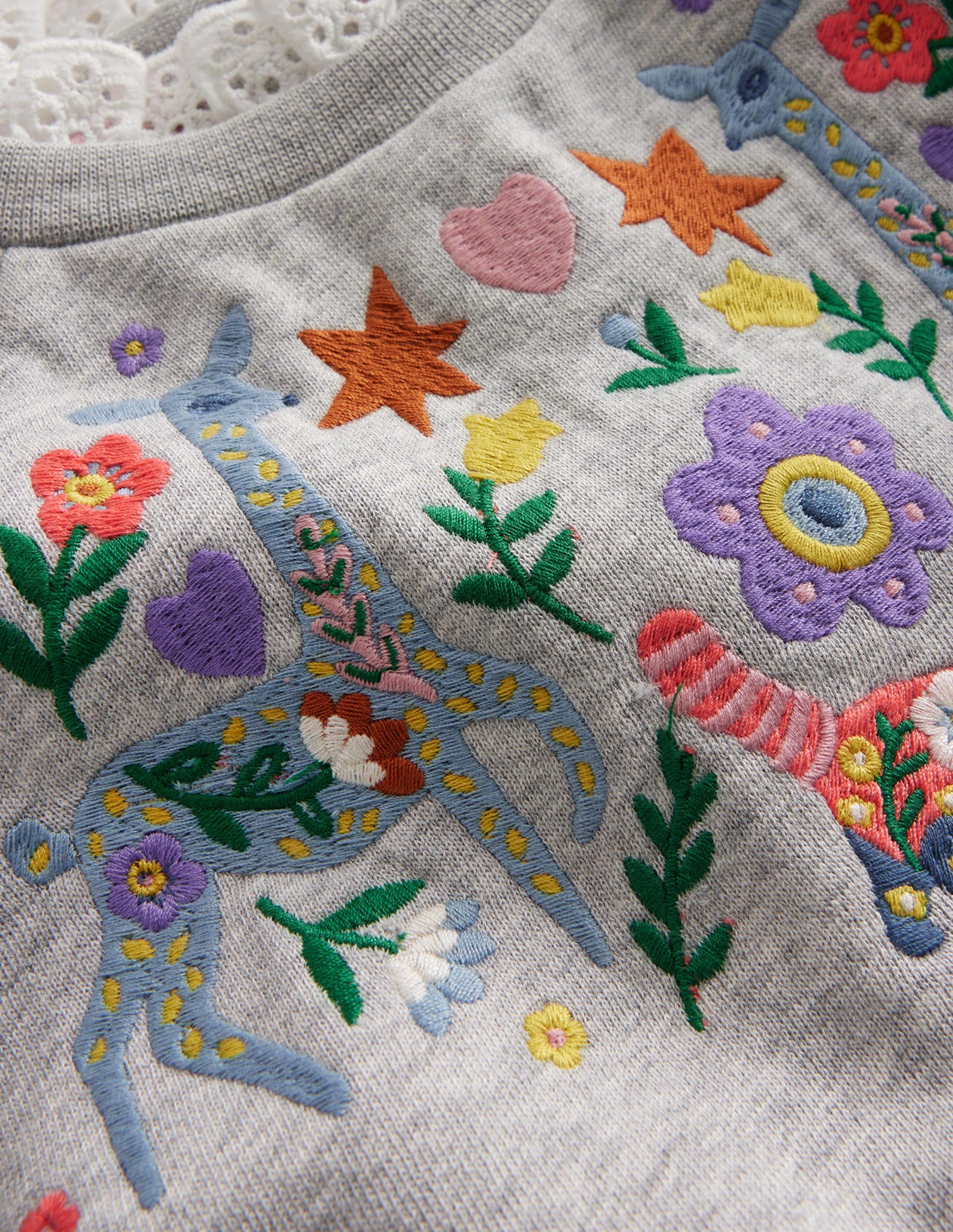 Besticktes Sweatshirt-Grau Meliert Tiere-3