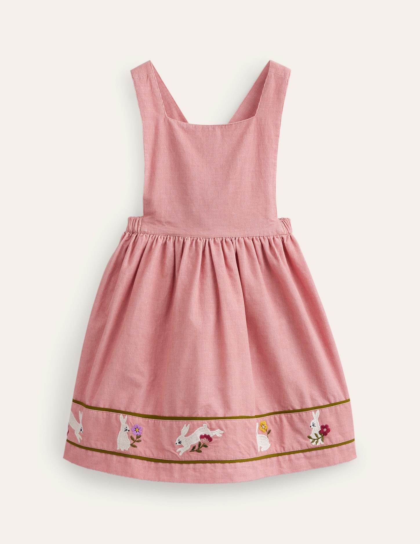 Robe chasuble en velours côtelé à appliqué-Lapins rose amande-1