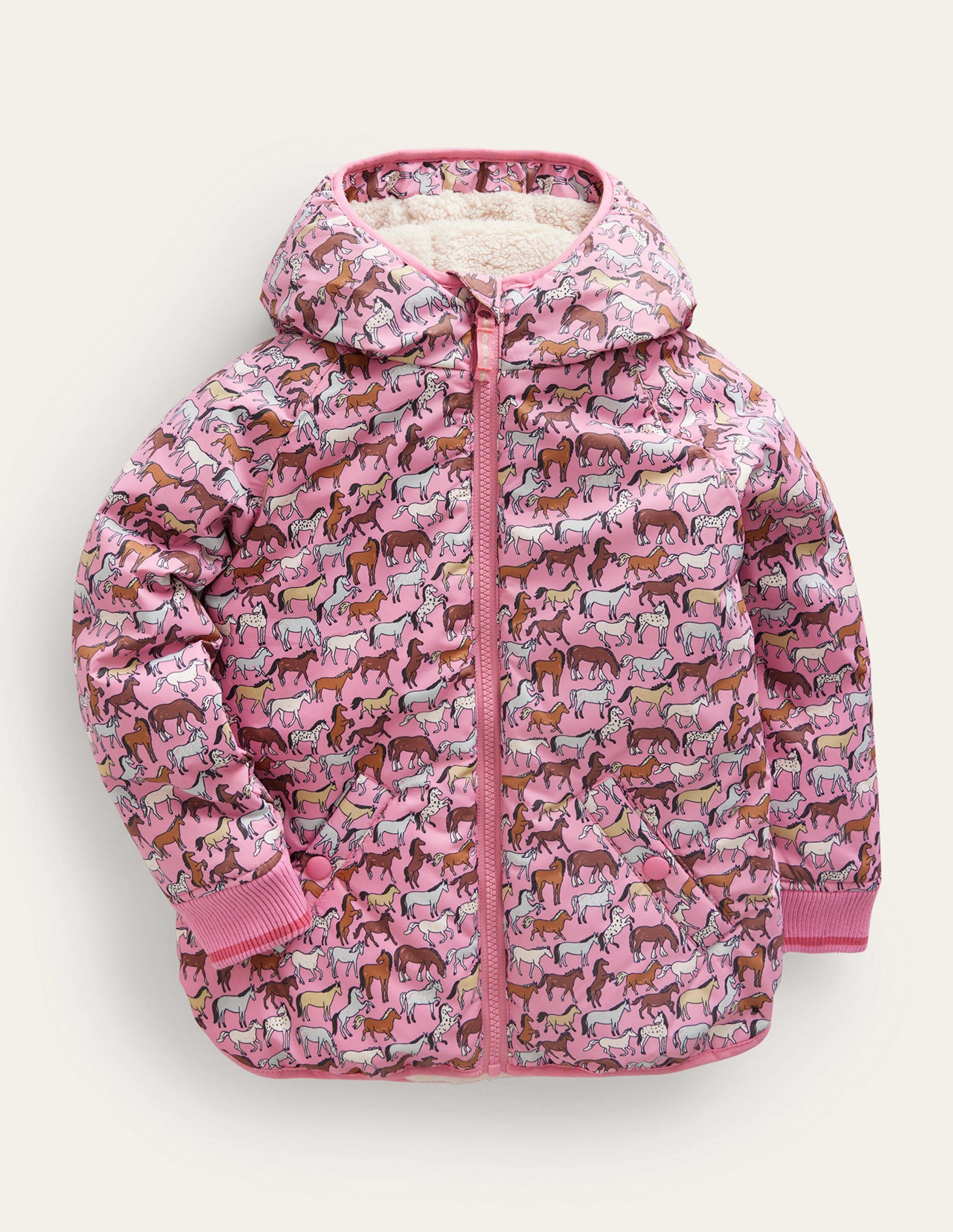 Printed Sherpa Lined Anorak-Pink horses-1