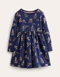 Robe fun à manches longues en jersey-Lapins métallisés bleu marine universitaire
