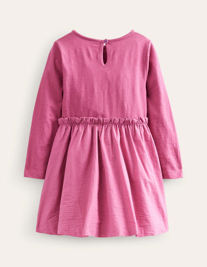 Jersey-Kleid mit gewebter Applikation-Teetasse Rosa-2