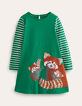 Kleid mit großer Applikation-Tiefgrün Rote Pandas