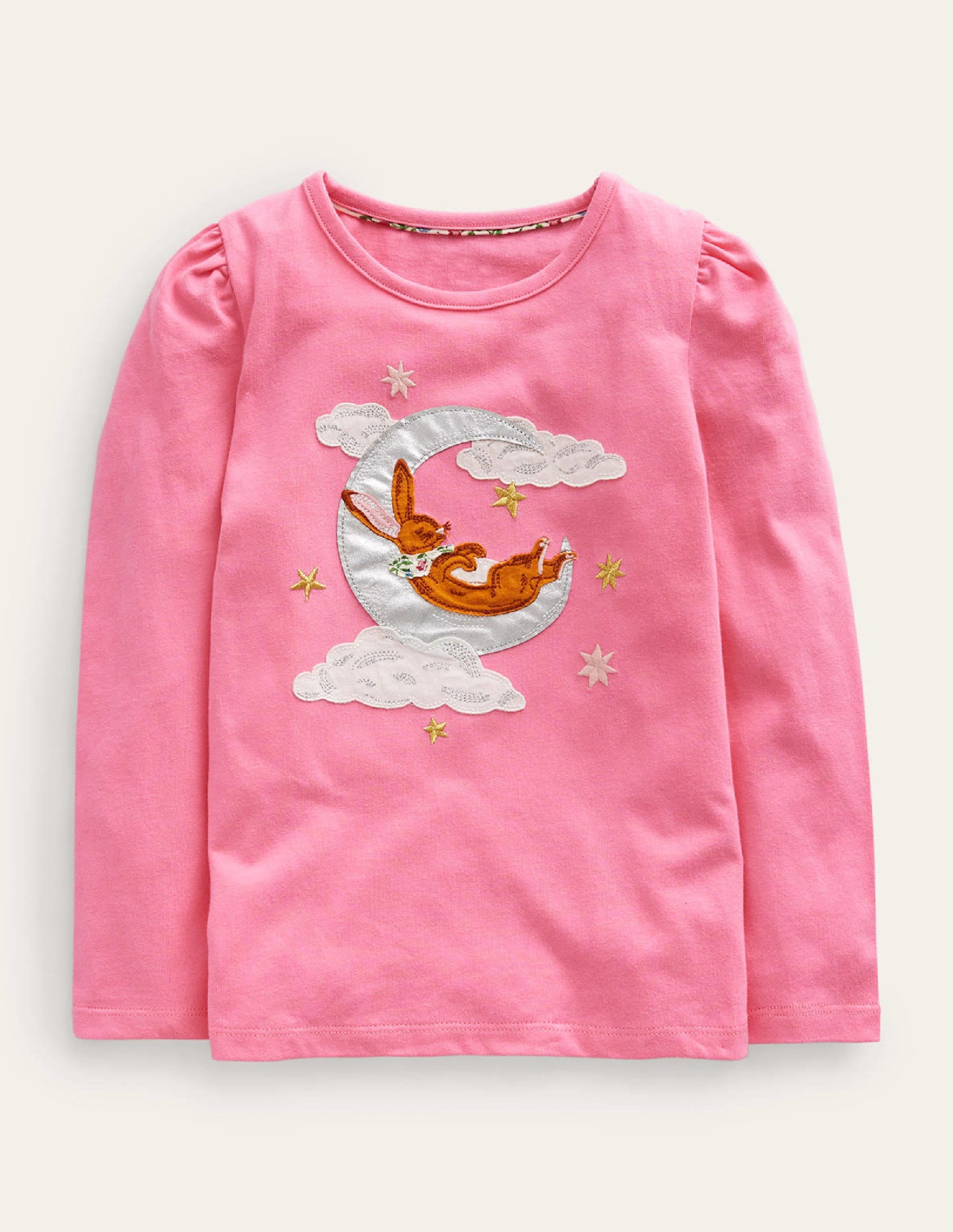 Top à manches bouffantes et appliqué-Lapin sur la lune rose azalée - Image 1