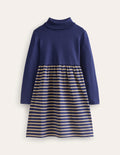 Jerseykleid mit Rollkragen-Schuluniform-Marineblau/Metallic-Streifen
