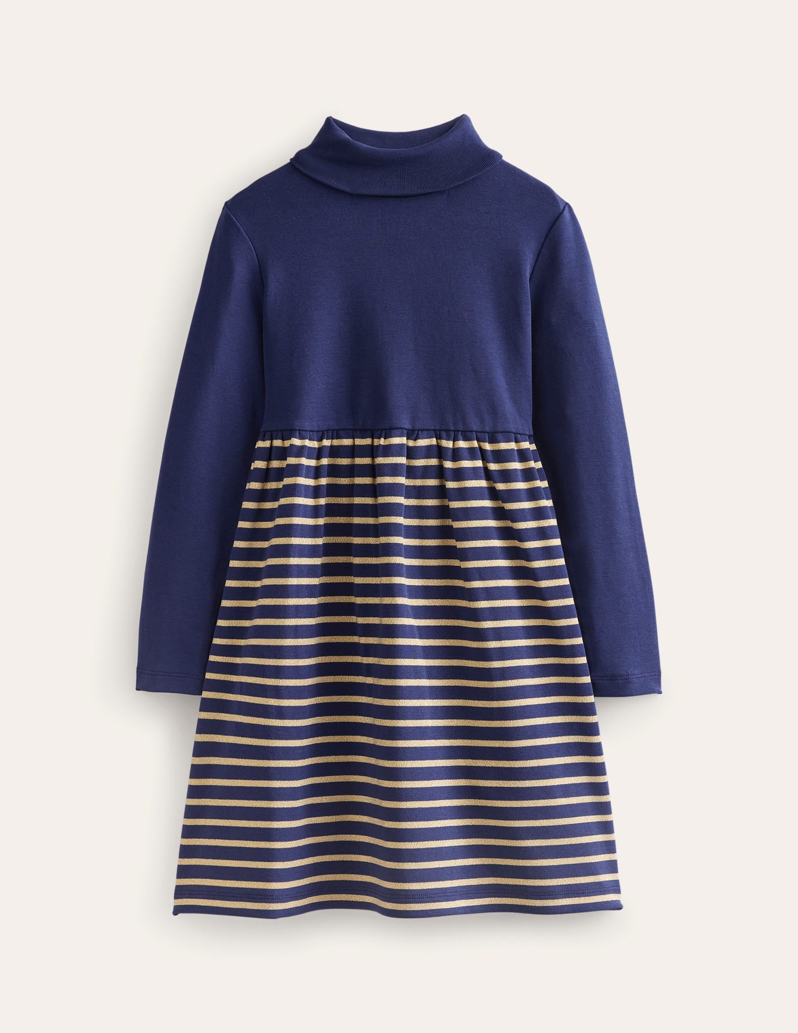 Jerseykleid mit Rollkragen-Schuluniform-Marineblau/Metallic-Streifen-1