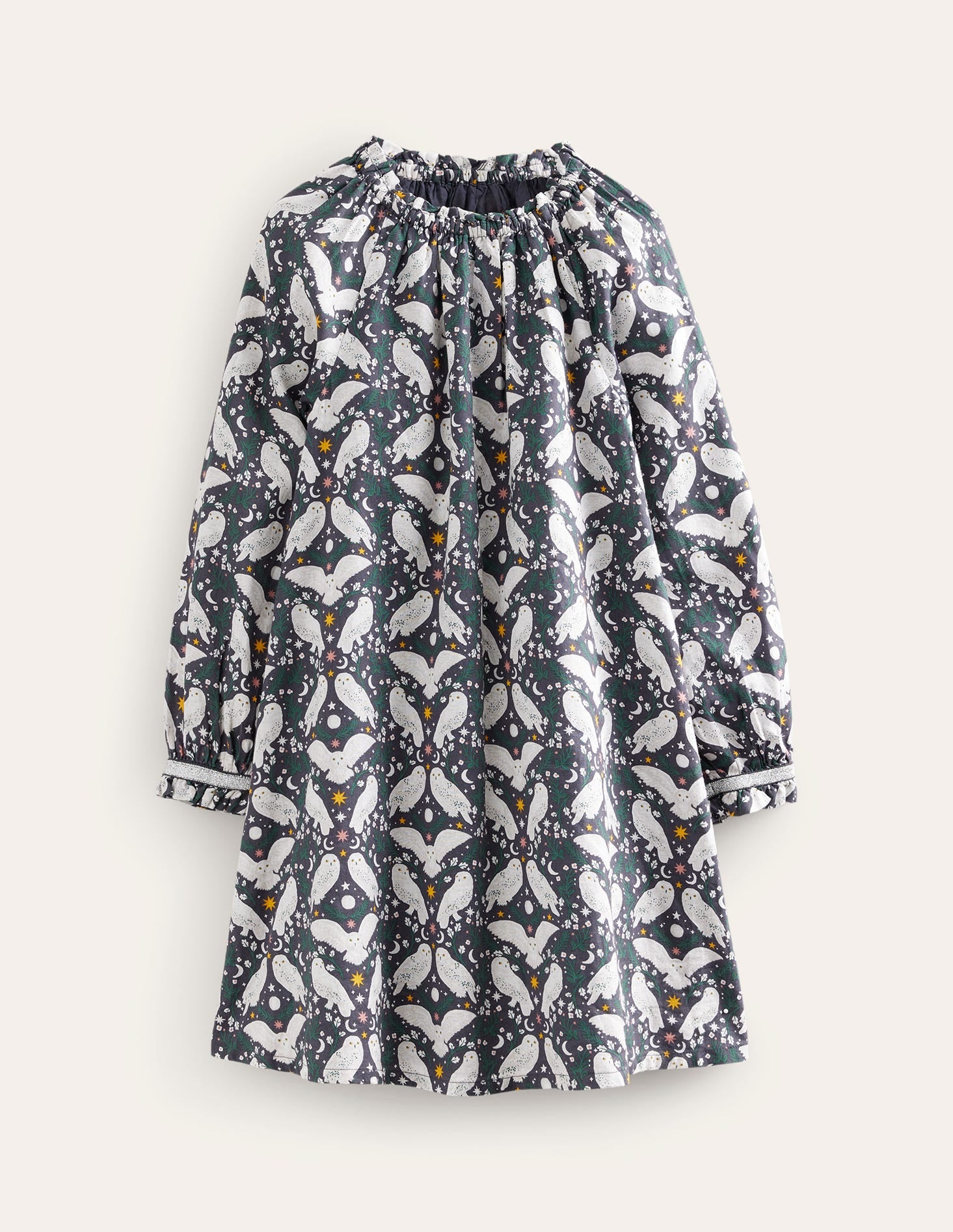 Gewebtes Kleid mit gerafftem Kragen-Schwarz Eule-1