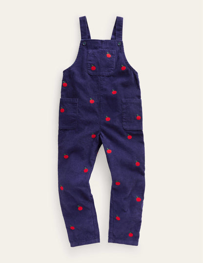 Relaxed Cord Dungarees-College Navy Apple Embroidery