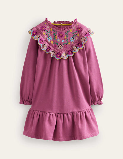 Broderie Yoke Sweatshirt Dress-Teacup Pink