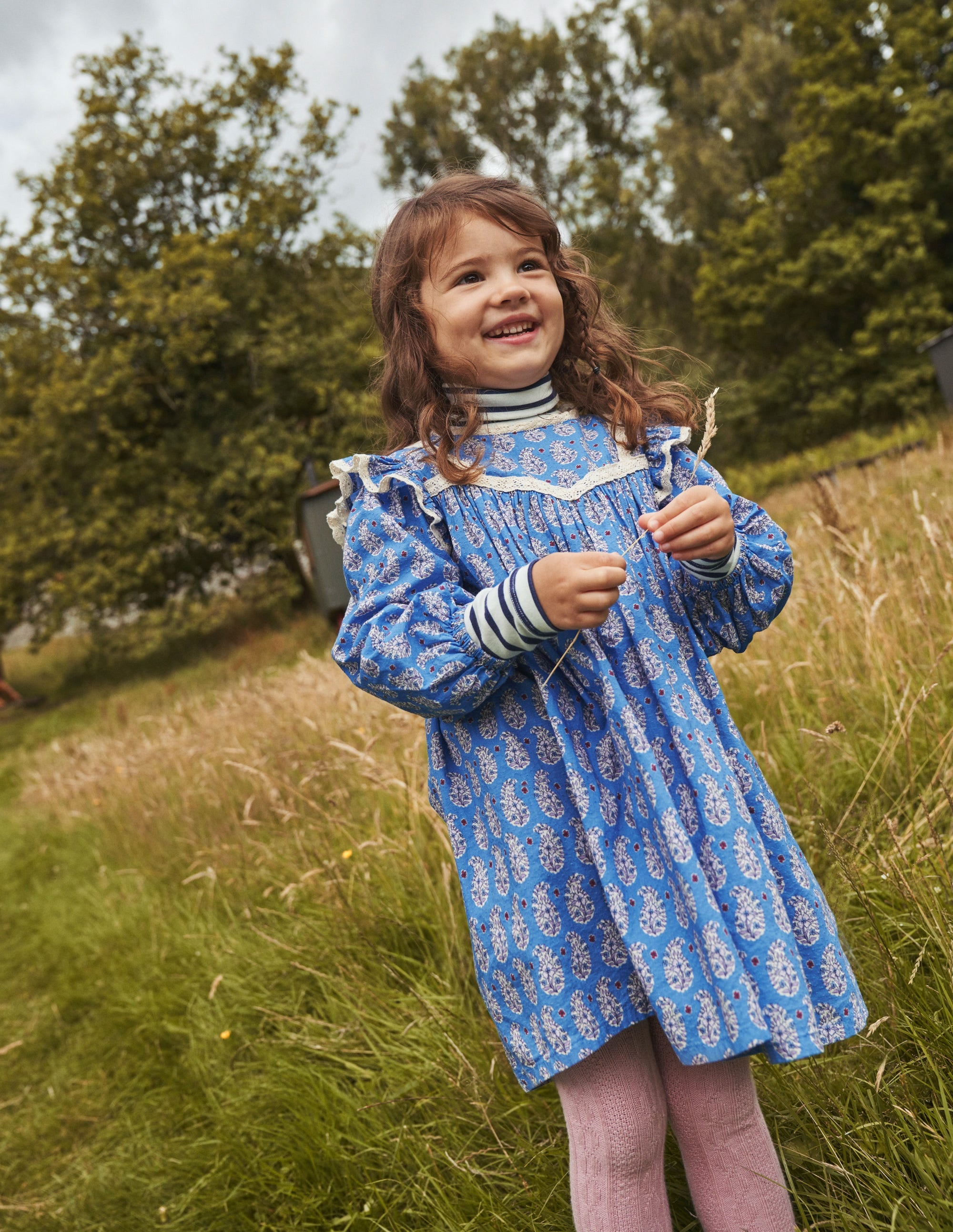 Robe imprimée avec détails en dentelle-Motif cachemire bleu - Image 4