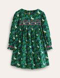 Robe en velours côtelé à smocks-Motif Unicorn Meadow vert profond