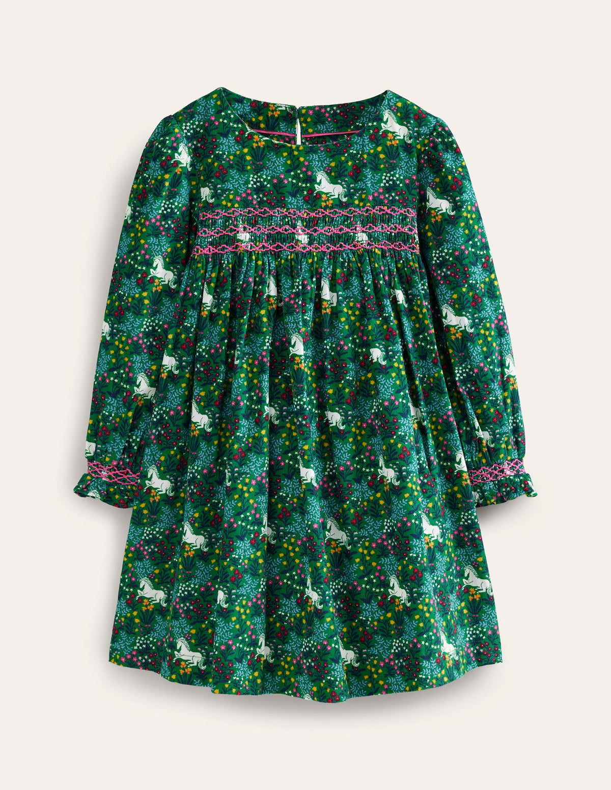 Robe en velours côtelé à smocks-Motif Unicorn Meadow vert profond - Image 1