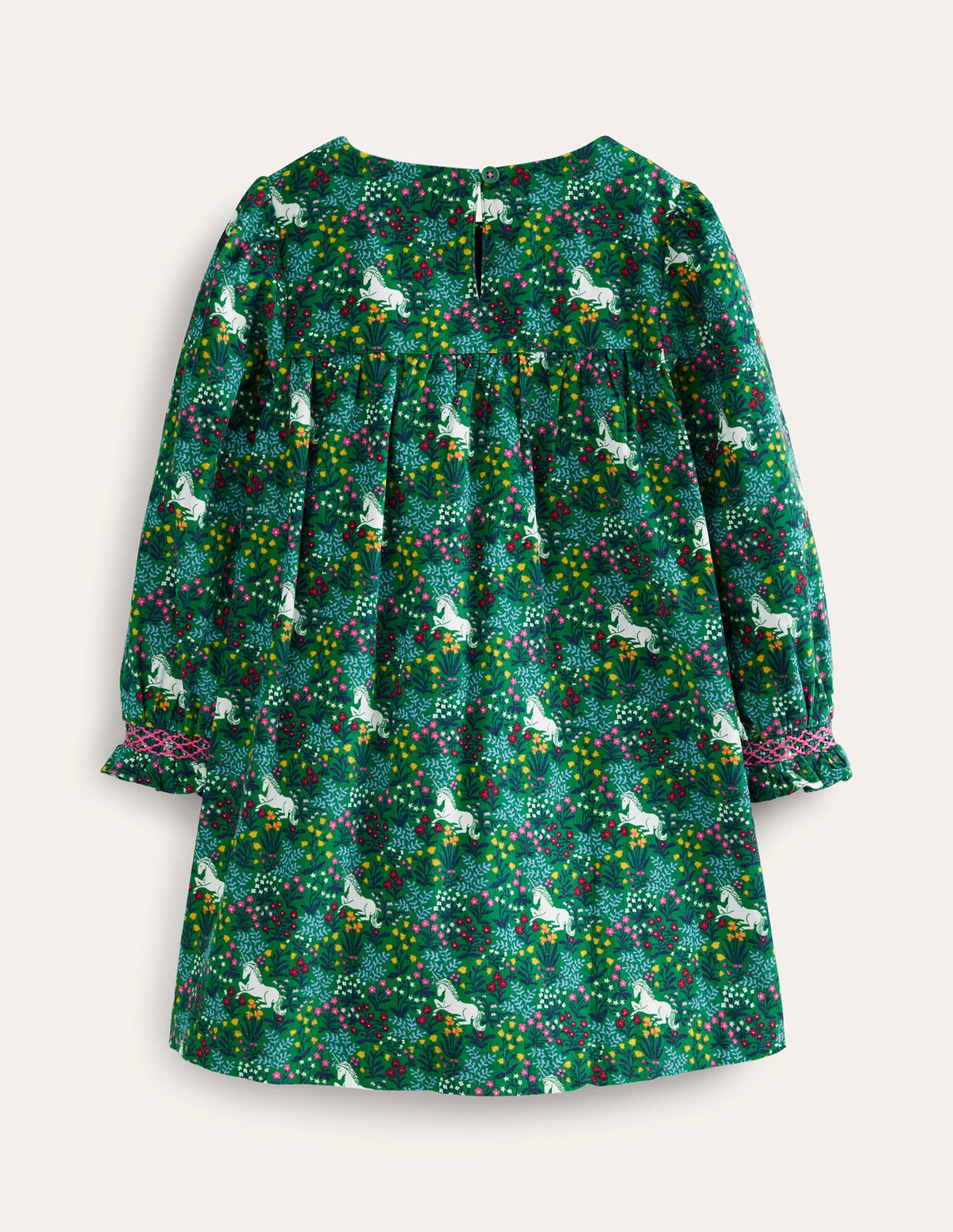 Robe en velours côtelé à smocks-Motif Unicorn Meadow vert profond-2