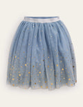 Jupe en tulle dégradé et métallisé-Étoiles bleu galet/dégradé doré