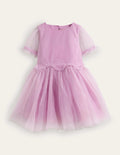 Robe en tulle à taille volantée-Lilas poudré