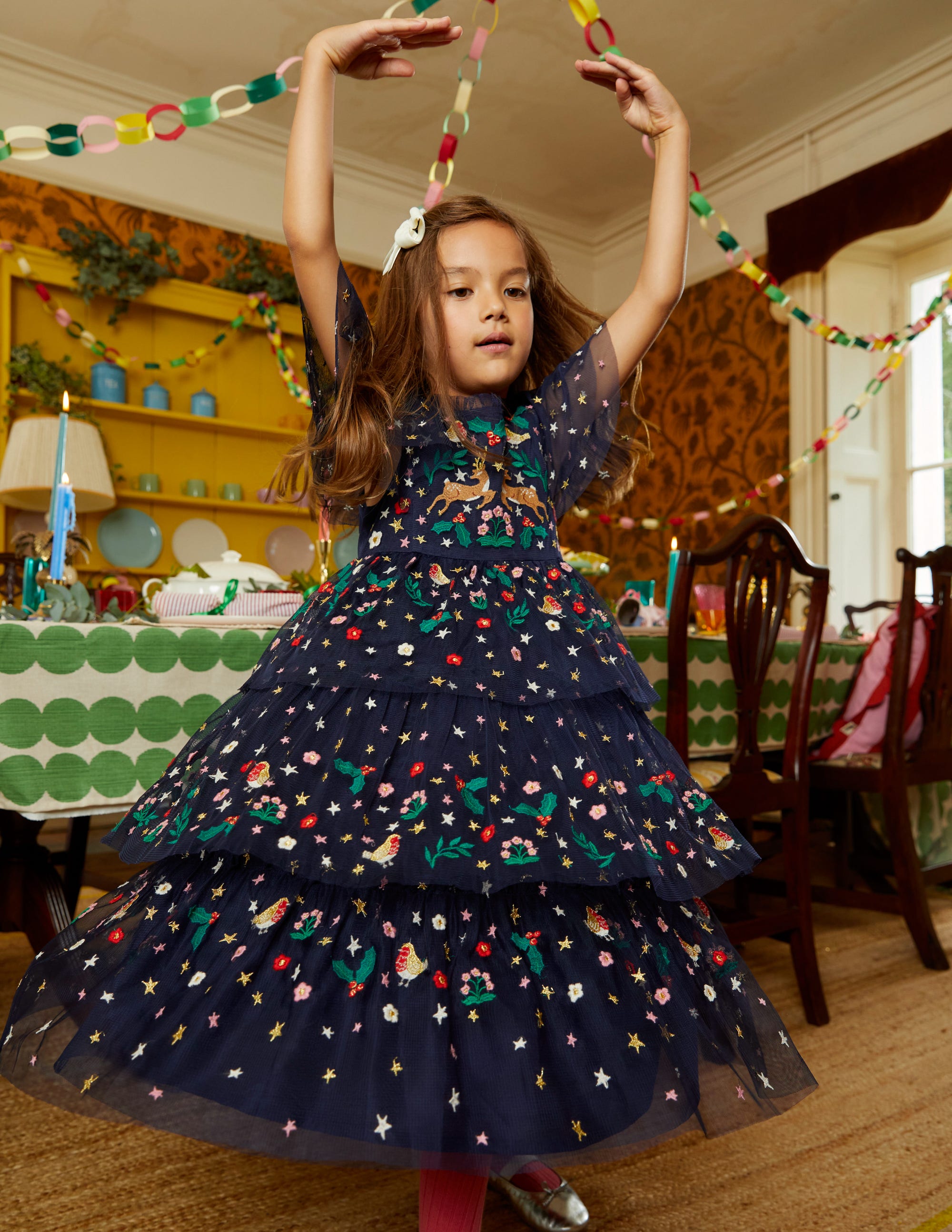 Robe de fête brodée en tulle-Bleu marine foncé - Image 4