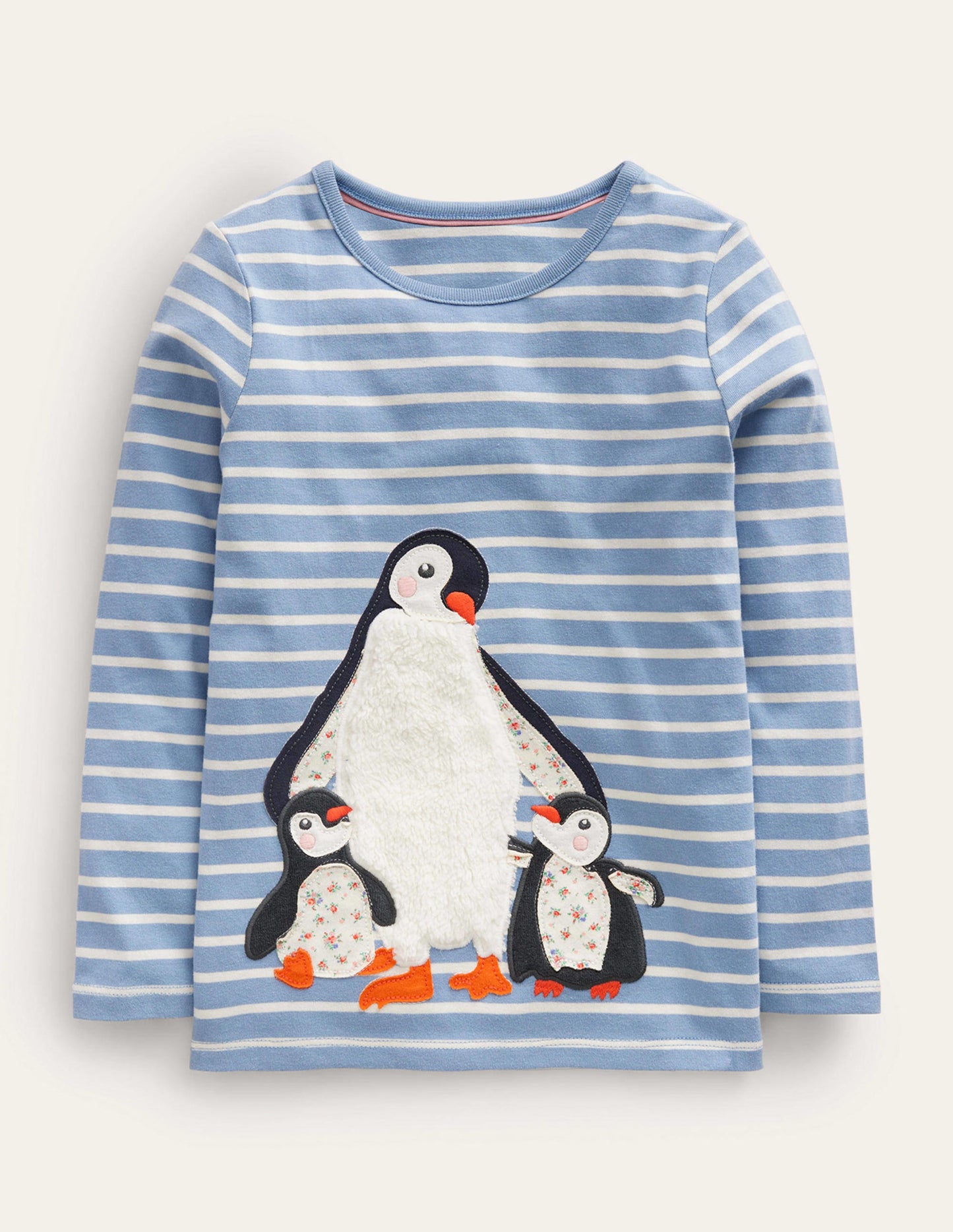 T-Shirt mit Puffärmeln und Applikation-Kieselblau/Naturweiß Pinguin