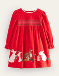 Robe en velours à smocks et appliqués-Rouge rockabilly
