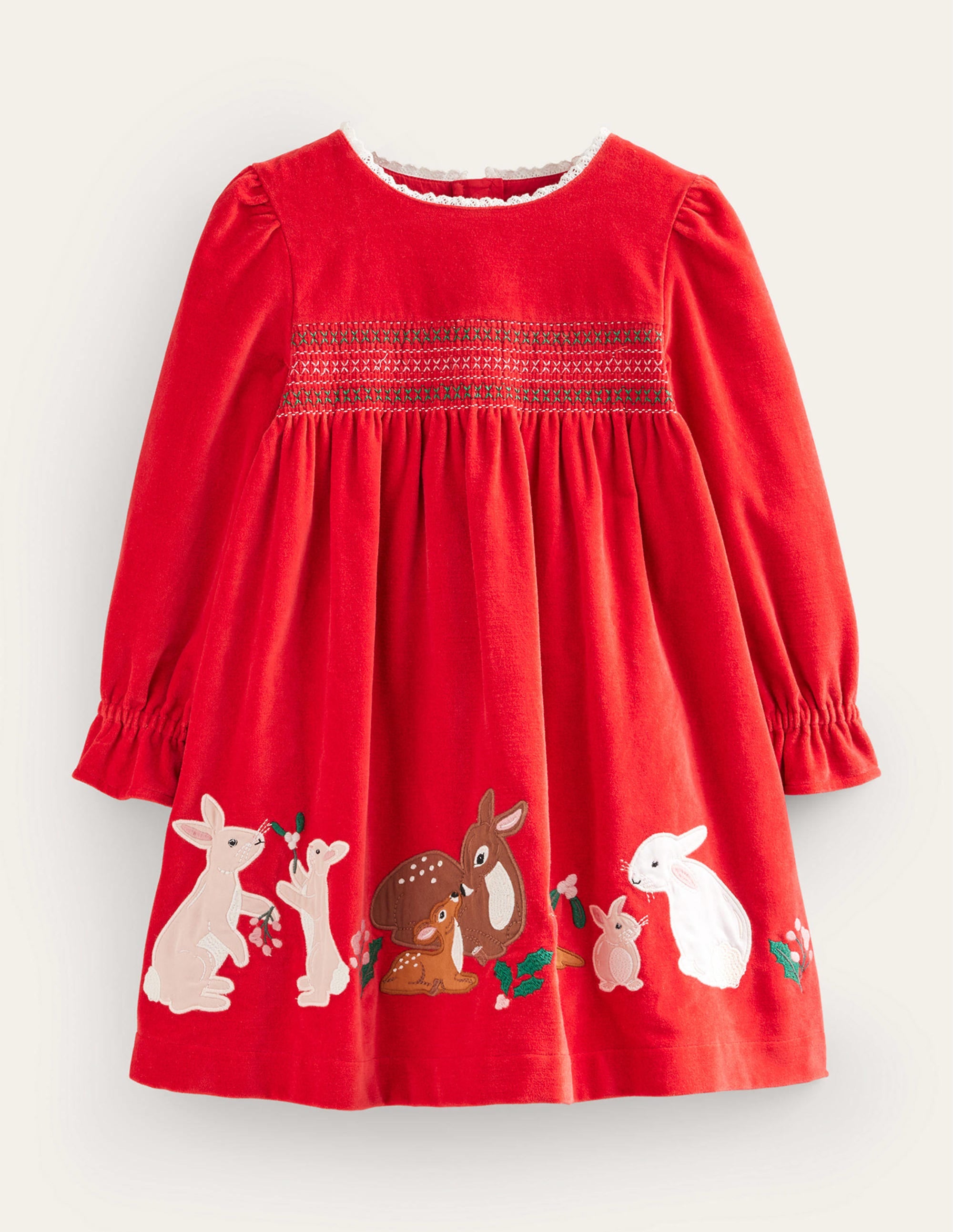 Robe en velours à smocks et appliqués-Rouge rockabilly - Image 1