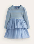 Kleid aus einer Jersey-Tüll-Mischung-Kieselblau