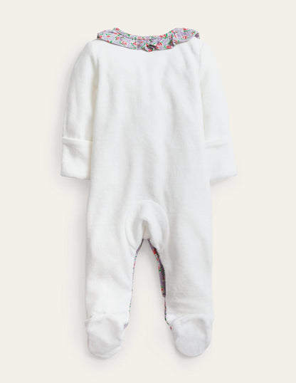 Ruffle Velour Sleepsuit-Ivory