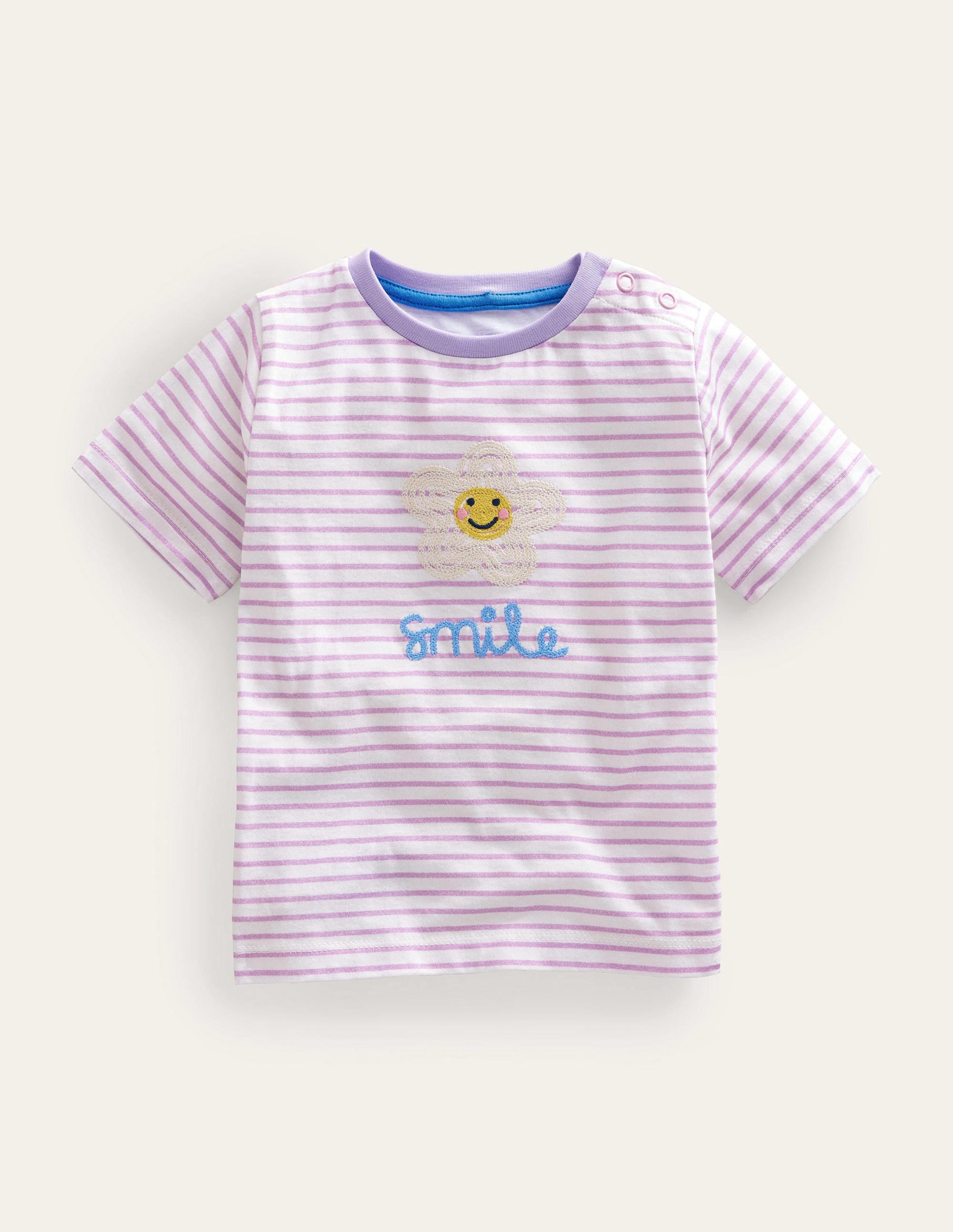 T-Shirt mit aufgestickter Grafik-Naturweiß/Zartes Lavendellila, Smile - Image 1