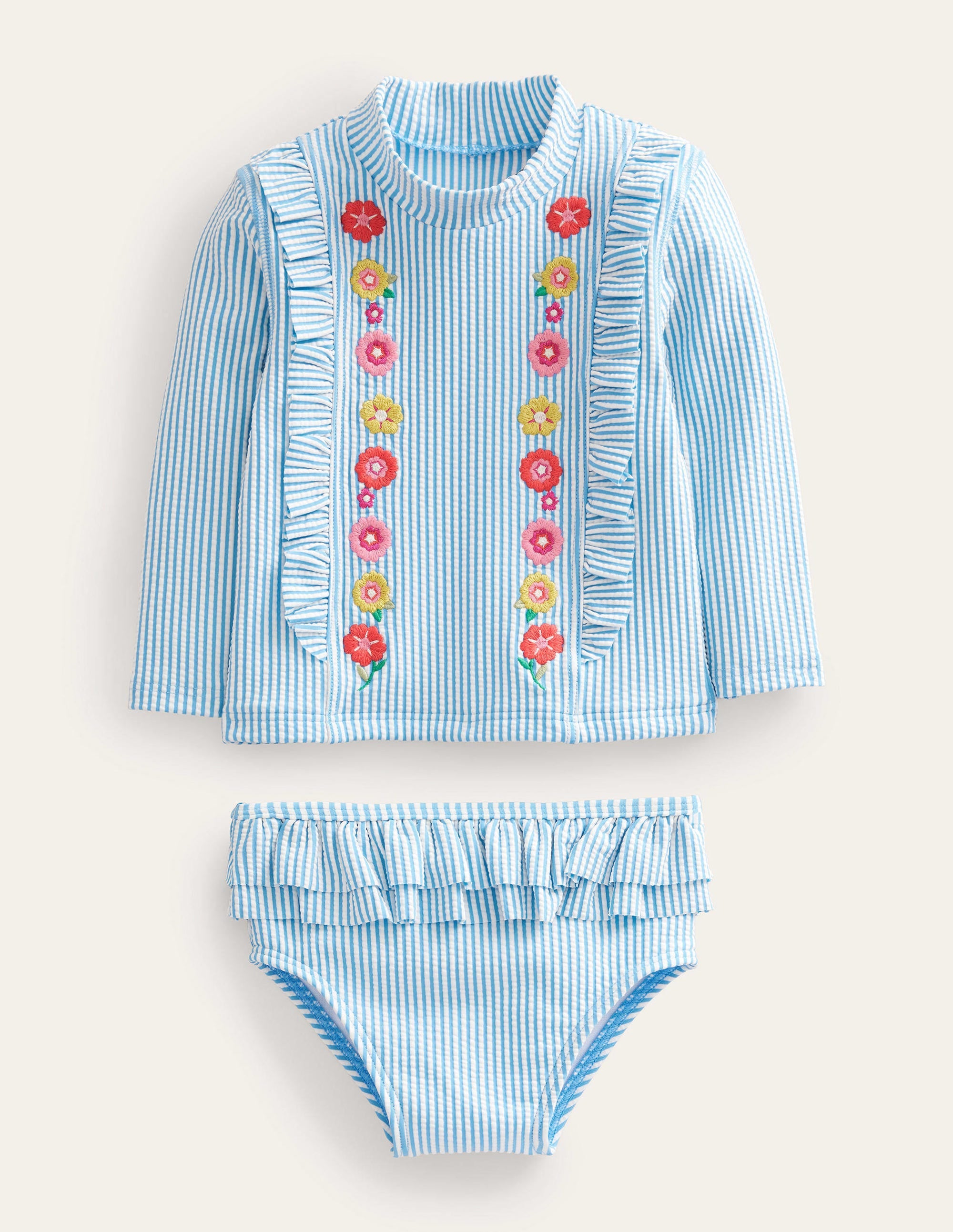 Frilly Rash Vest Set-Surfboard Blue, Ivory Stripe - Image 1
