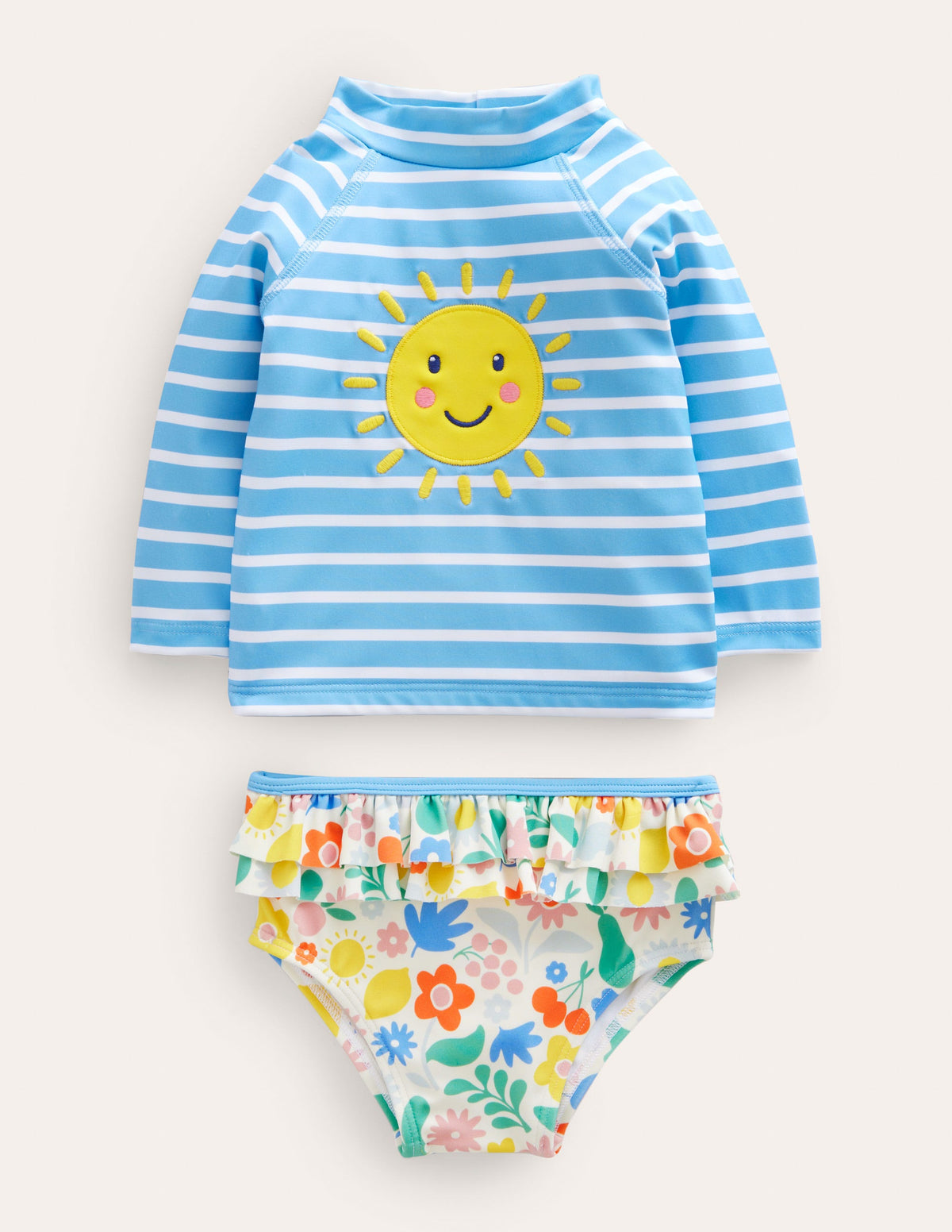 Gerüschtes Badeset mit USF-Langarmshirt-Bunt, Urlaubs-Blumenmuster - Image 1