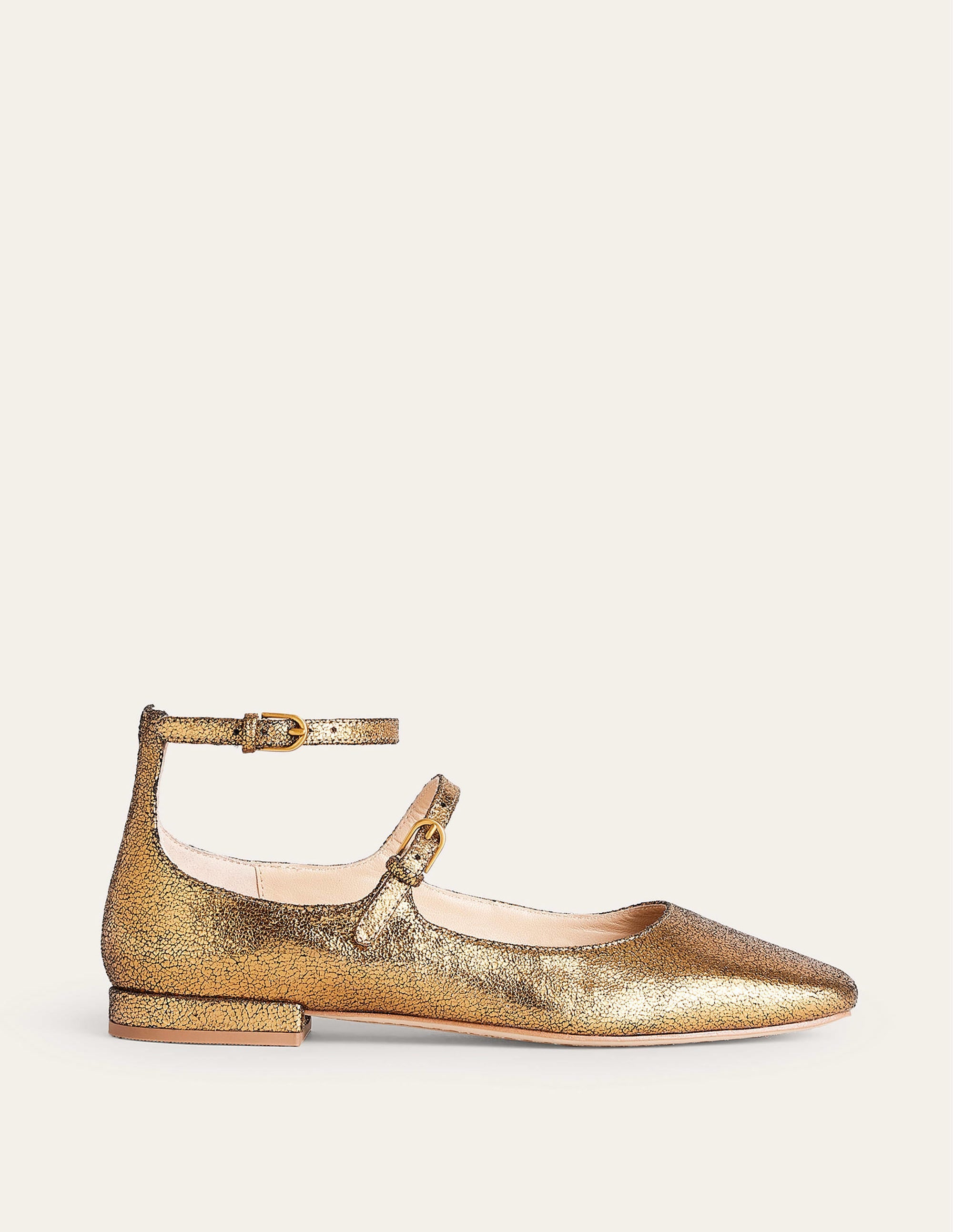 Double-Strap Mary Jane Shoes-Bronze Crinkle Leather - Image 2