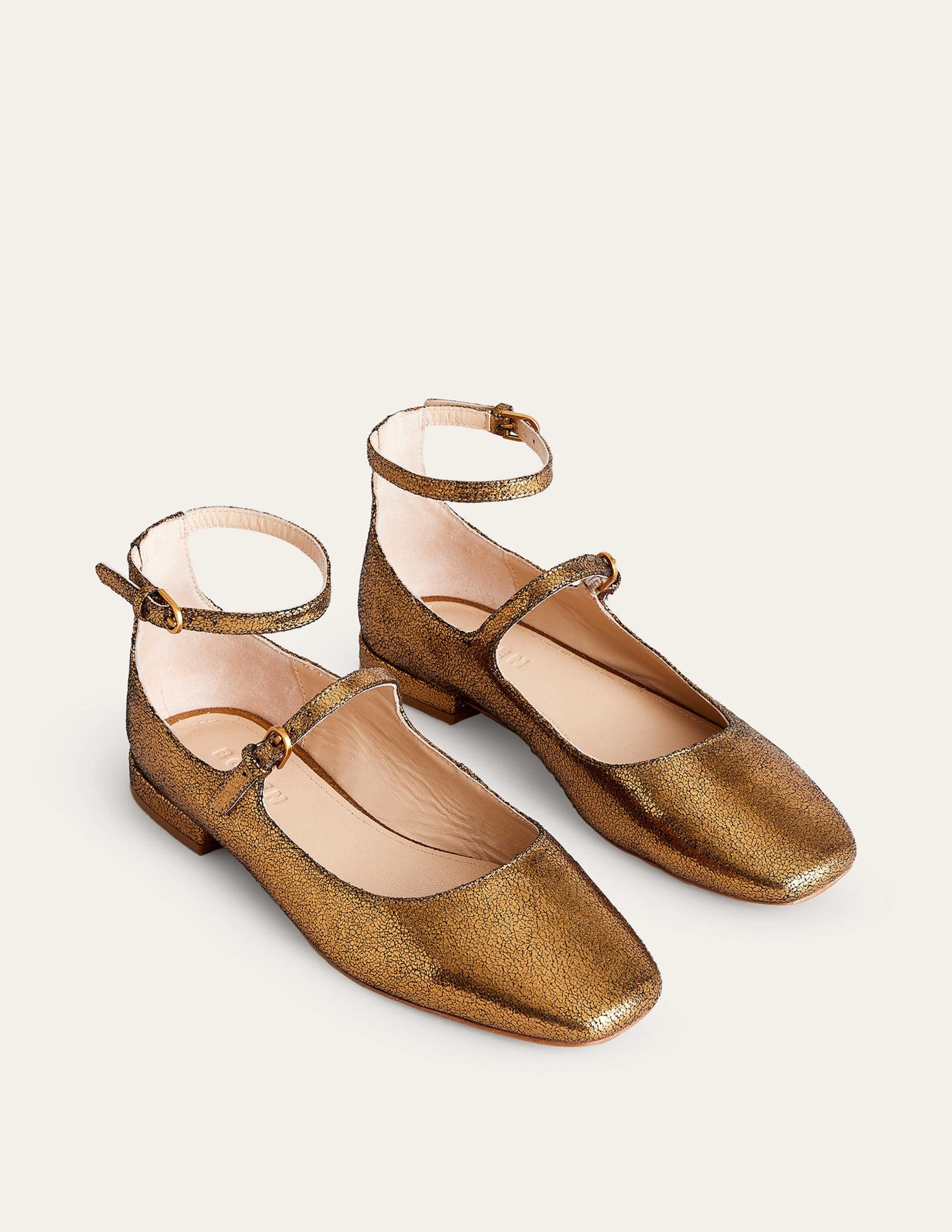 Double-Strap Mary Jane Shoes-Bronze Crinkle Leather - Image 3
