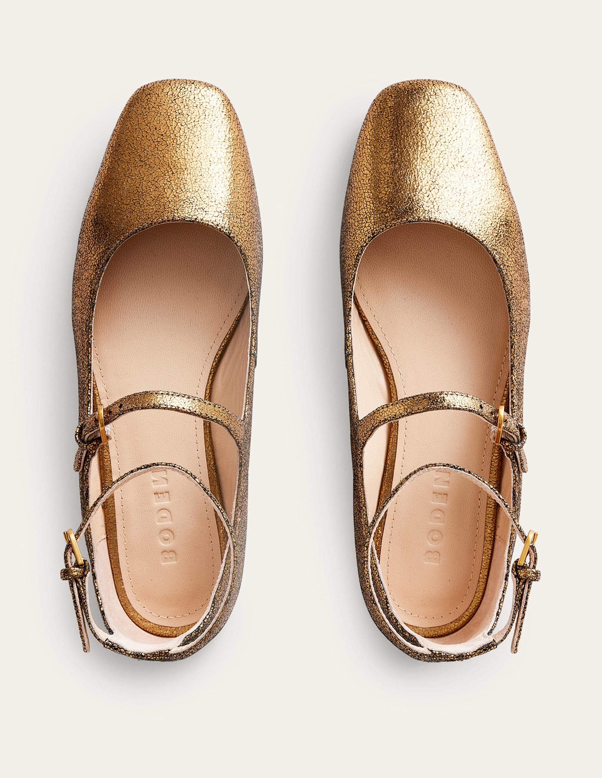 Double-Strap Mary Jane Shoes-Bronze Crinkle Leather - Image 5