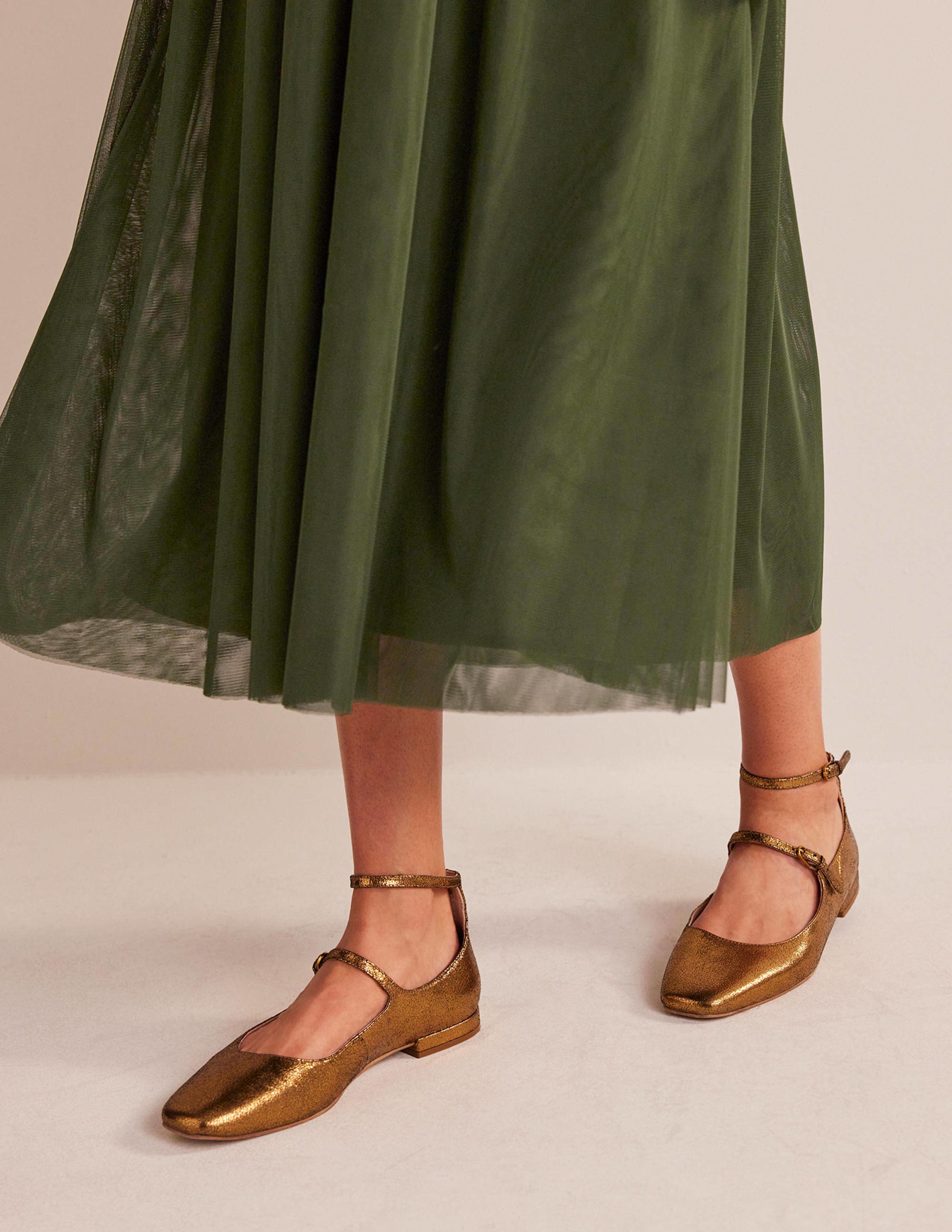 Double-Strap Mary Jane Shoes-Bronze Crinkle Leather - Image 1